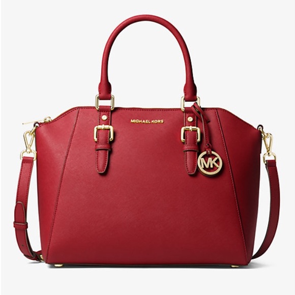MICHAEL KORS Large Ciara Leather Scarlet Gold-Tone Hardware Satchel Bag NWT - Picture 1 of 13